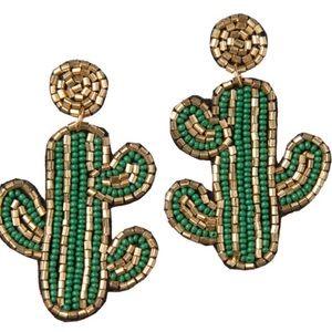 Women's Beaded Cactus Pierced Earrings Green Gold Black Felt Backing USA NEW